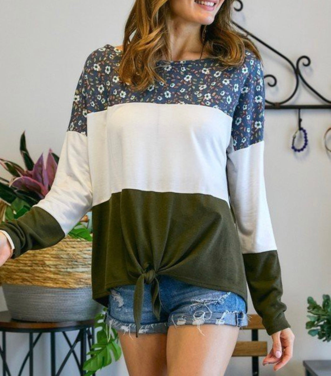 Floral white and green block Top