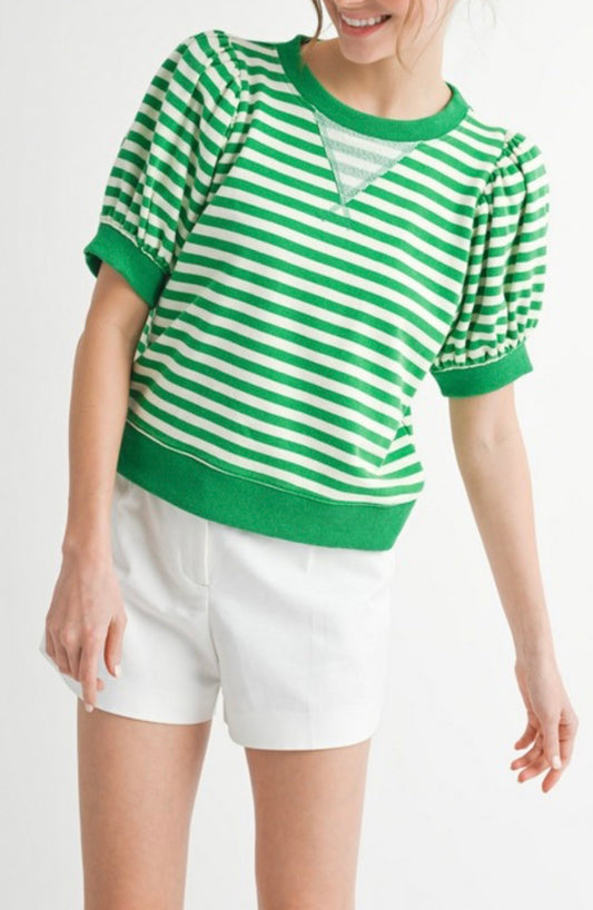 Kelly Green Striped Puffed Sleeve Top