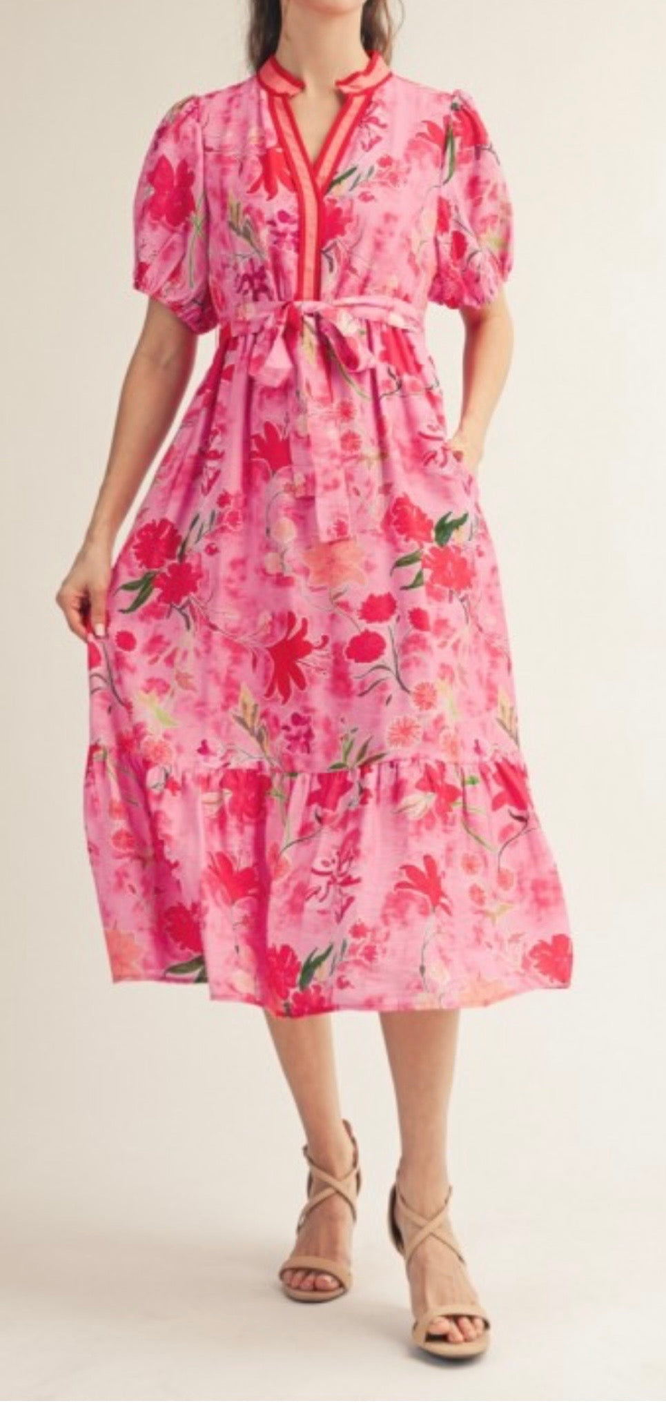 Pink/Red Floral Midi Dress