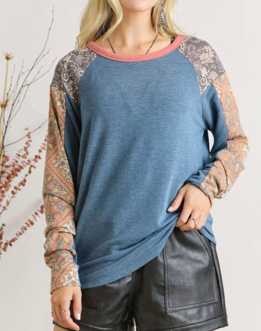 Blue Patterned Sleeve Top