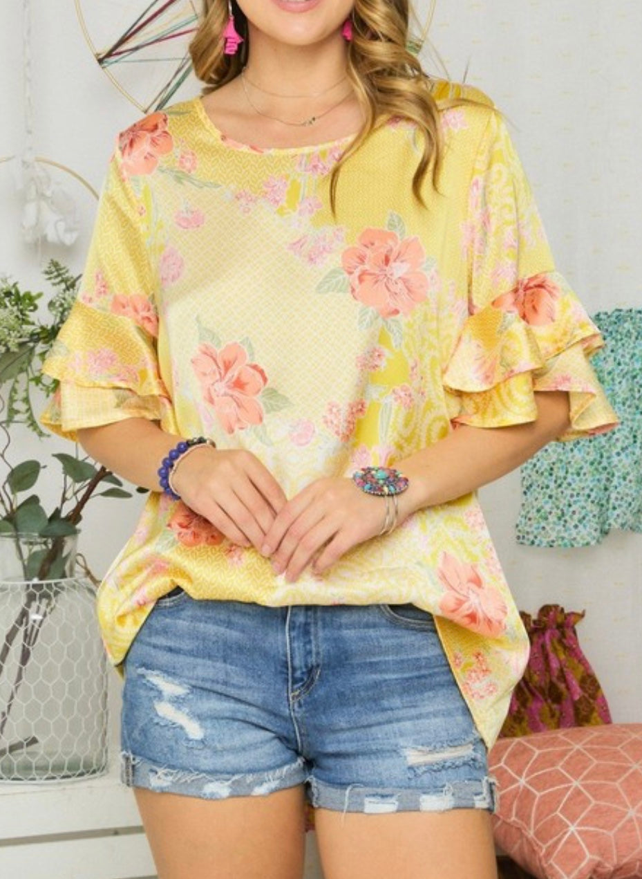 Yellow Floral Ruffle Top