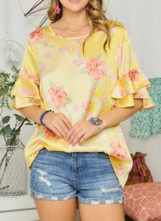 Yellow Floral Ruffle Top