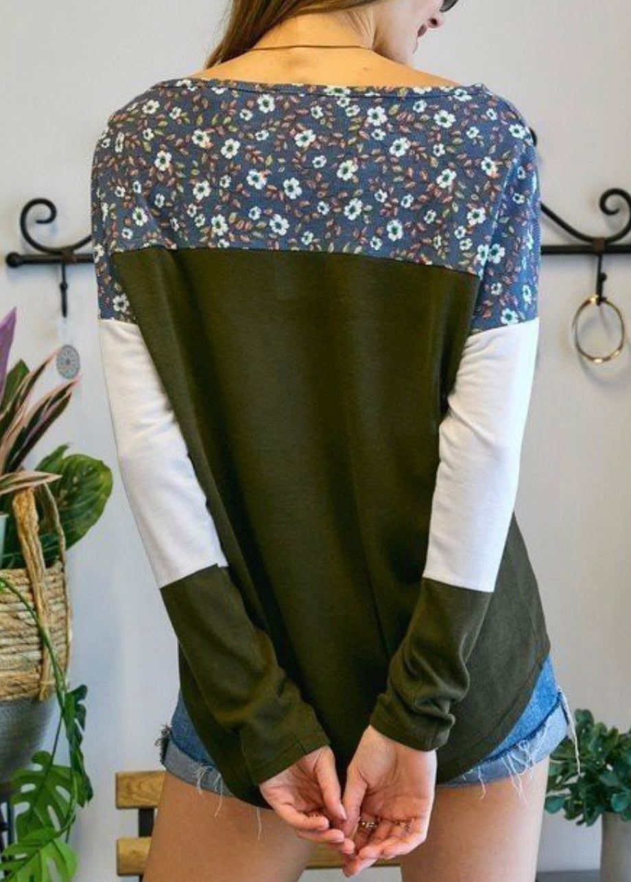 Floral white and green block Top