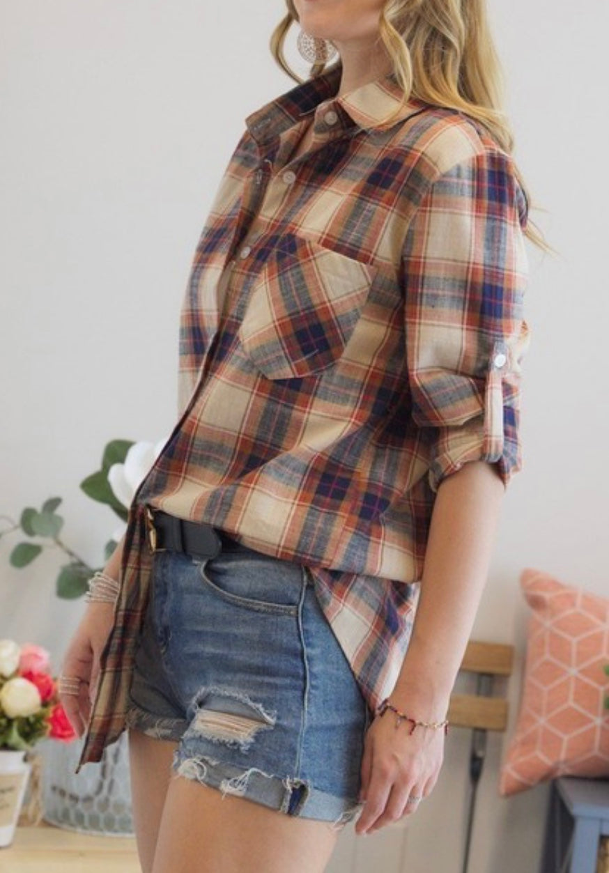 Navy & Khaki Plaid Top