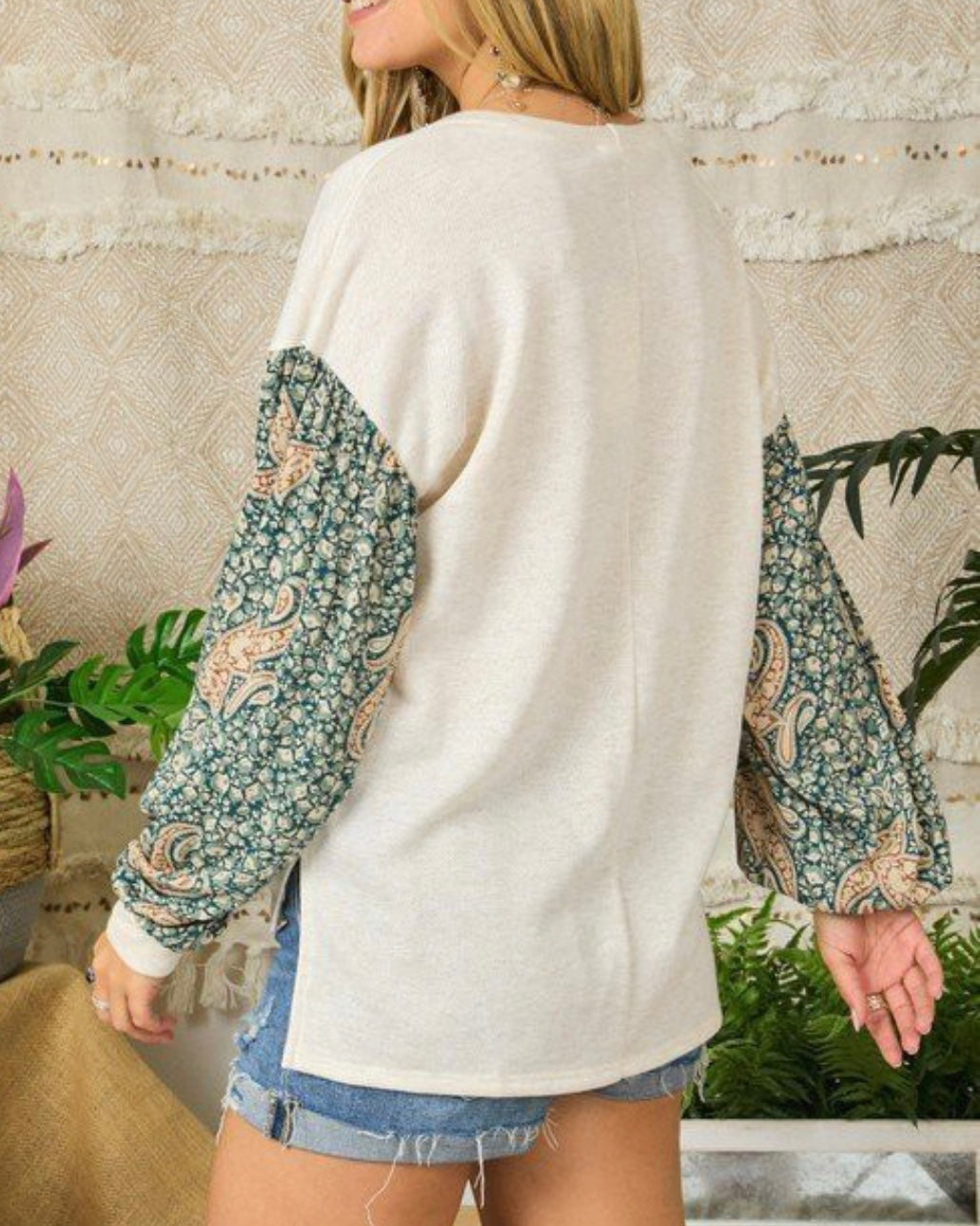 Green & Beige Drop Sleeve Top