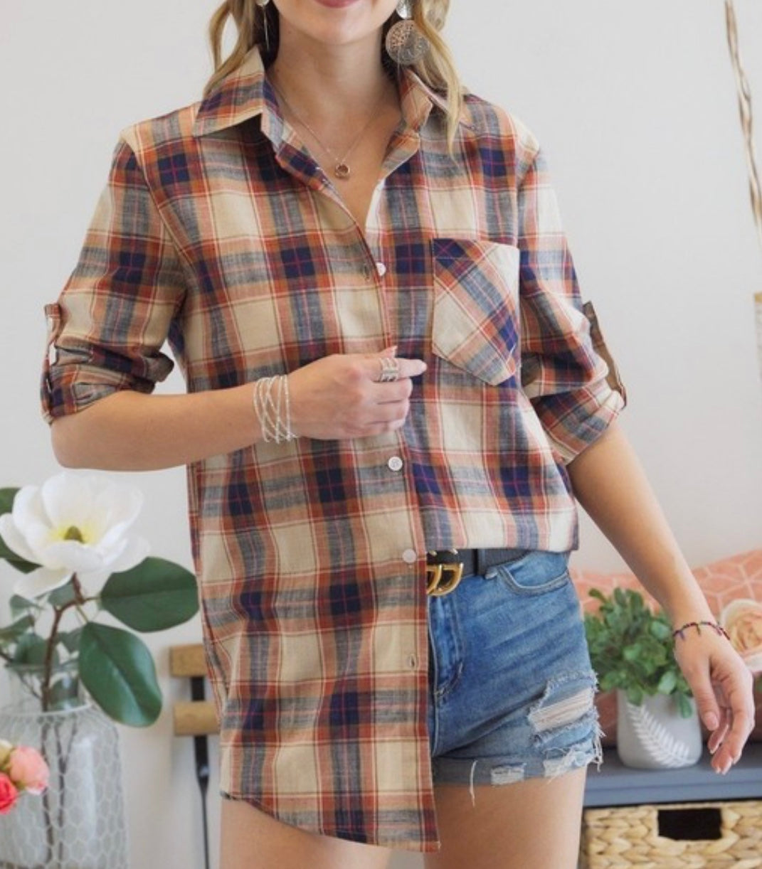 Navy & Khaki Plaid Top