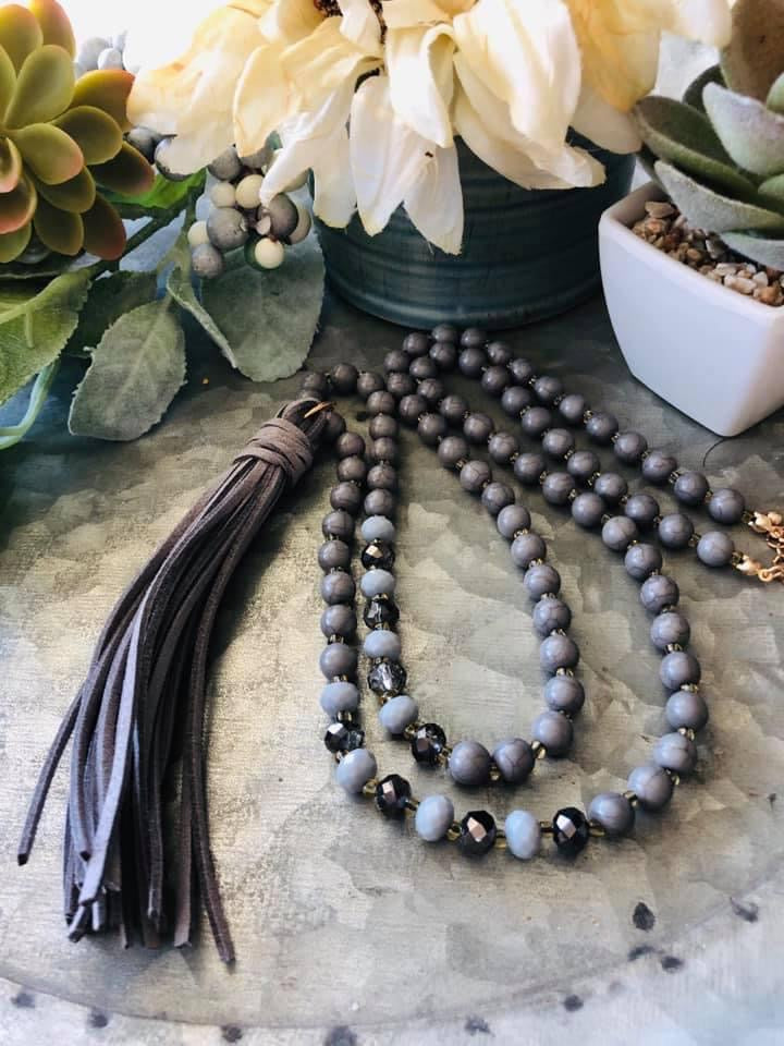 Grey Beaded Tassel Necklace