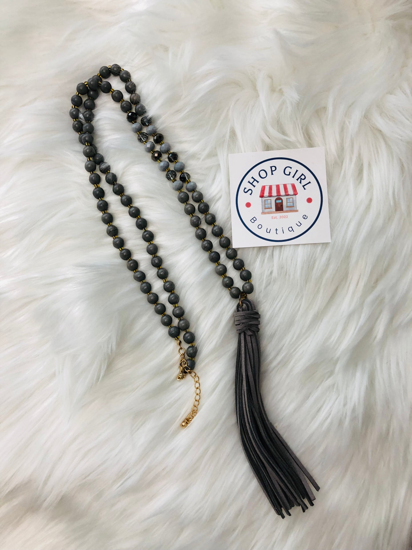 Grey Beaded Tassel Necklace