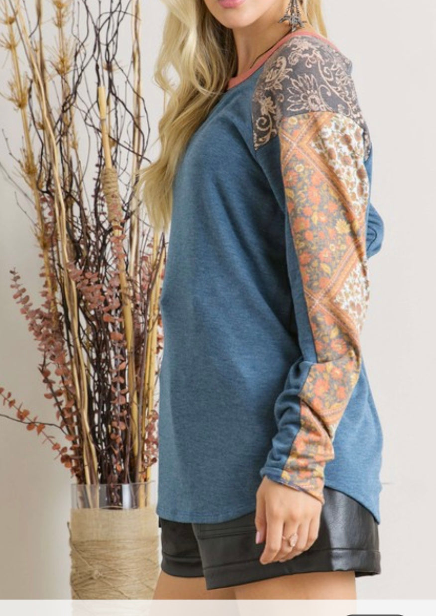 Blue Patterned Sleeve Top